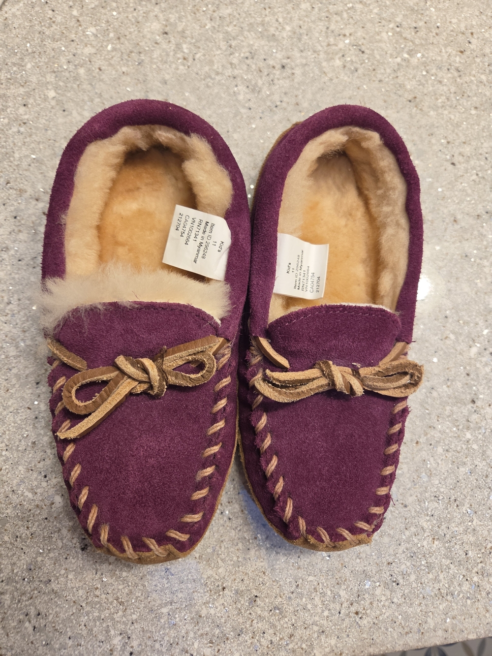 L.L. Bean Plum Suede Moccasin Slippers with Shearling Lining